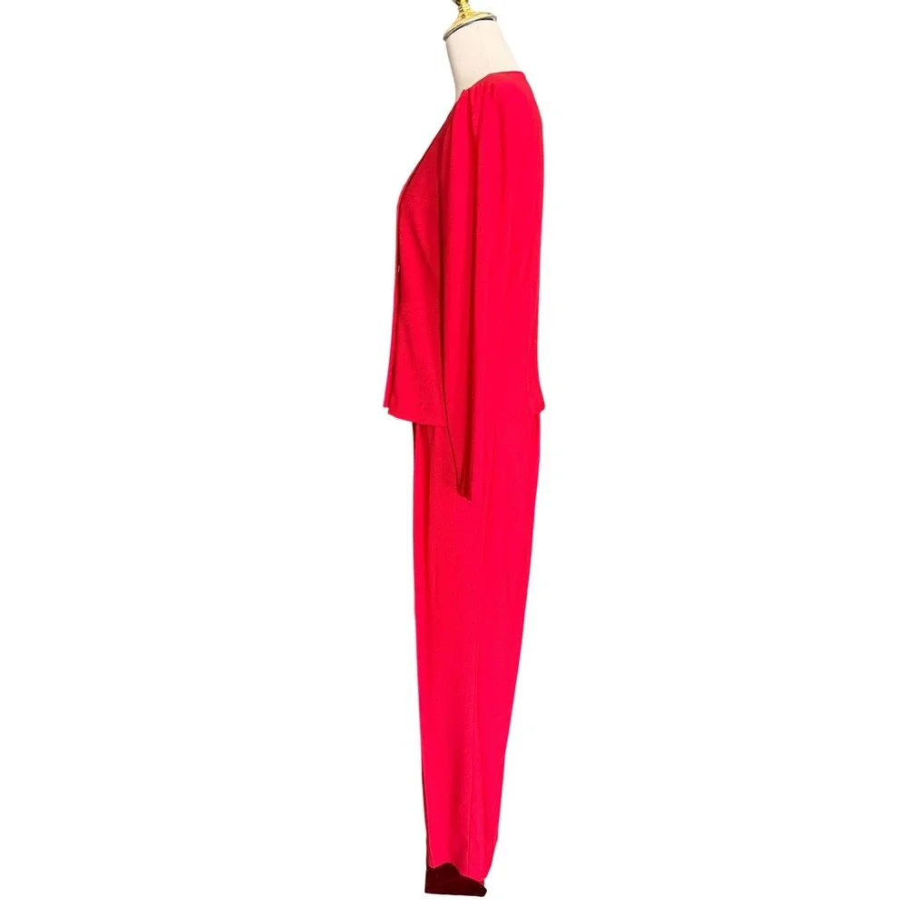 Vintage Red 2 Piece Pant Suit‎ Asymmetrical Button Blazer Pleated Trousers 1980s